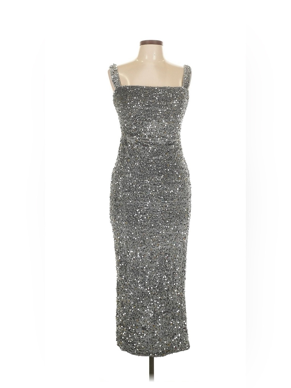 Silver Sequin Square-Neck Cocktail Dress